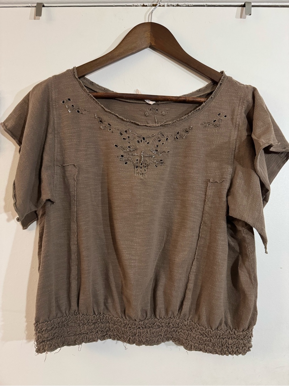Free People Washed Taupe Short Sleeve Top with Embellished Neckline